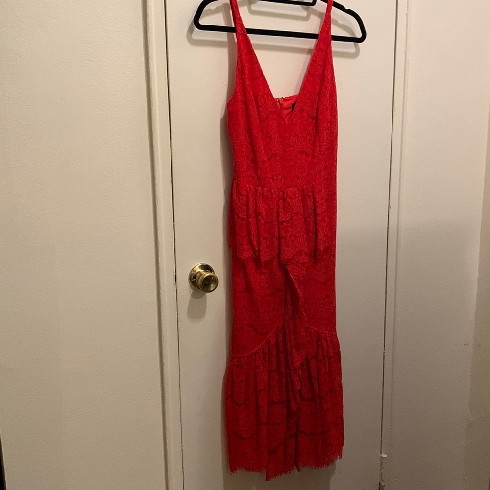 Yumi Kim sleeveless red lace midi dress